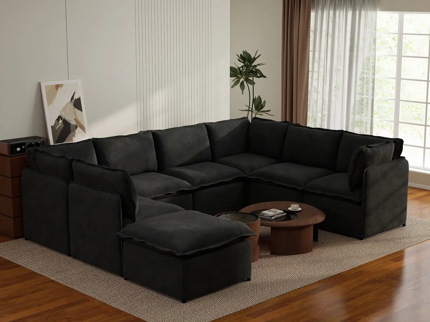 Deluxe Cloud 7-Seater Black U-Shaped Sectional | 8-Piece (Includes 1 Ottoman), Linen Look Poly Fabric, Washable Cushion Covers