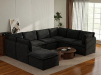 Deluxe Cloud 7-Seater Black U-Shaped Sectional | 8-Piece (Includes 1 Ottoman), Linen Look Poly Fabric, Washable Cushion Covers