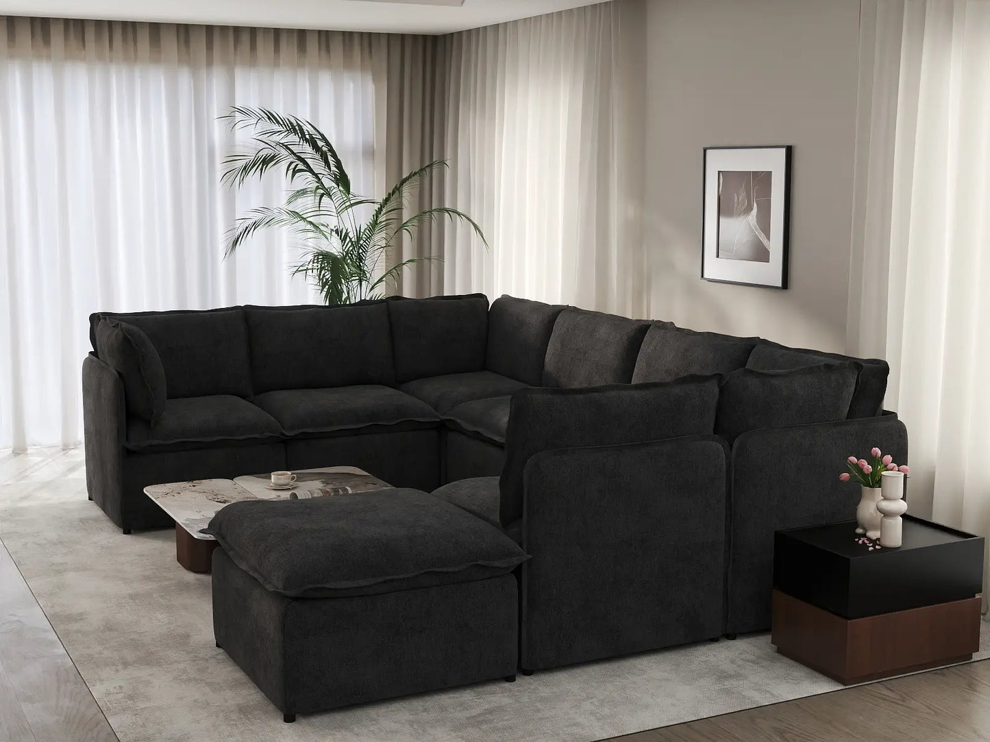 Deluxe Cloud 7-Seater Black U-Shaped Sectional | 8-Piece (Includes 1 Ottoman), Linen Look Poly Fabric, Washable Cushion Covers