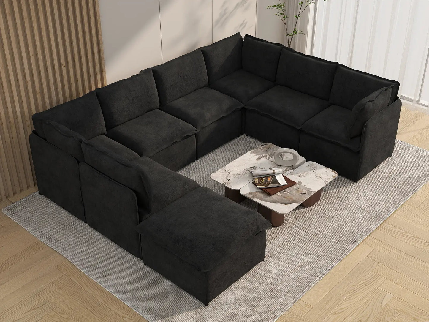 Deluxe Cloud 7-Seater Black U-Shaped Sectional | 8-Piece (Includes 1 Ottoman), Linen Look Poly Fabric, Washable Cushion Covers