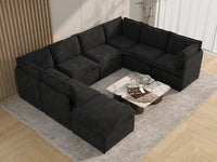 Deluxe Cloud 7-Seater Black U-Shaped Sectional | 8-Piece (Includes 1 Ottoman), Linen Look Poly Fabric, Washable Cushion Covers