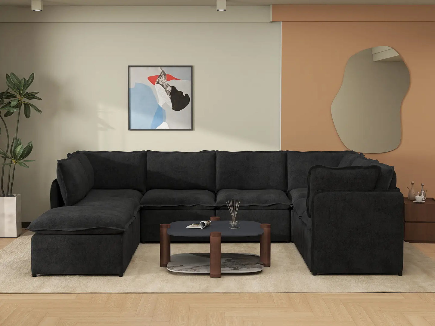 Deluxe Cloud 7-Seater Black U-Shaped Sectional | 8-Piece (Includes 1 Ottoman), Linen Look Poly Fabric, Washable Cushion Covers