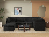 Deluxe Cloud 7-Seater Black U-Shaped Sectional | 8-Piece (Includes 1 Ottoman), Linen Look Poly Fabric, Washable Cushion Covers
