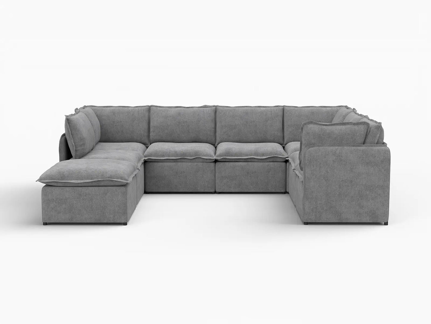 Deluxe Cloud 7-Seater Grey Open Space U-Shaped Sectional | 8-Piece (Includes 1 Ottoman), Linen Look Poly Fabric, Easy To Clean