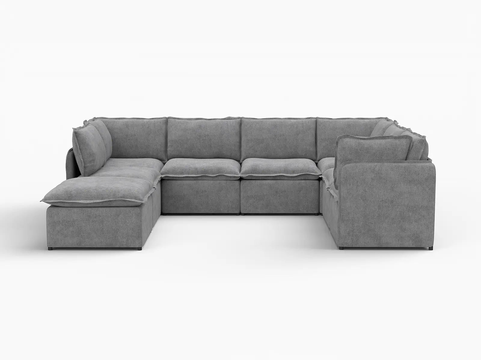 Deluxe Cloud 7-Seater Grey Open Space U-Shaped Sectional | 8-Piece (Includes 1 Ottoman), Linen Look Poly Fabric, Easy To Clean