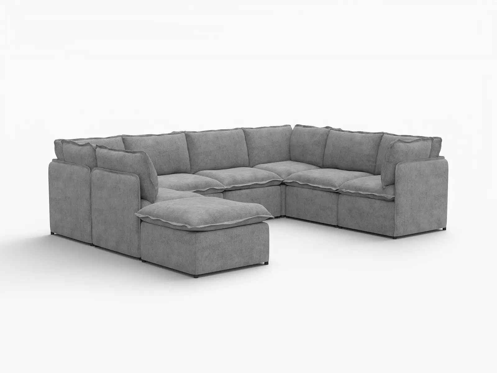 Deluxe Cloud 7-Seater Grey Open Space U-Shaped Sectional | 8-Piece (Includes 1 Ottoman), Linen Look Poly Fabric, Easy To Clean