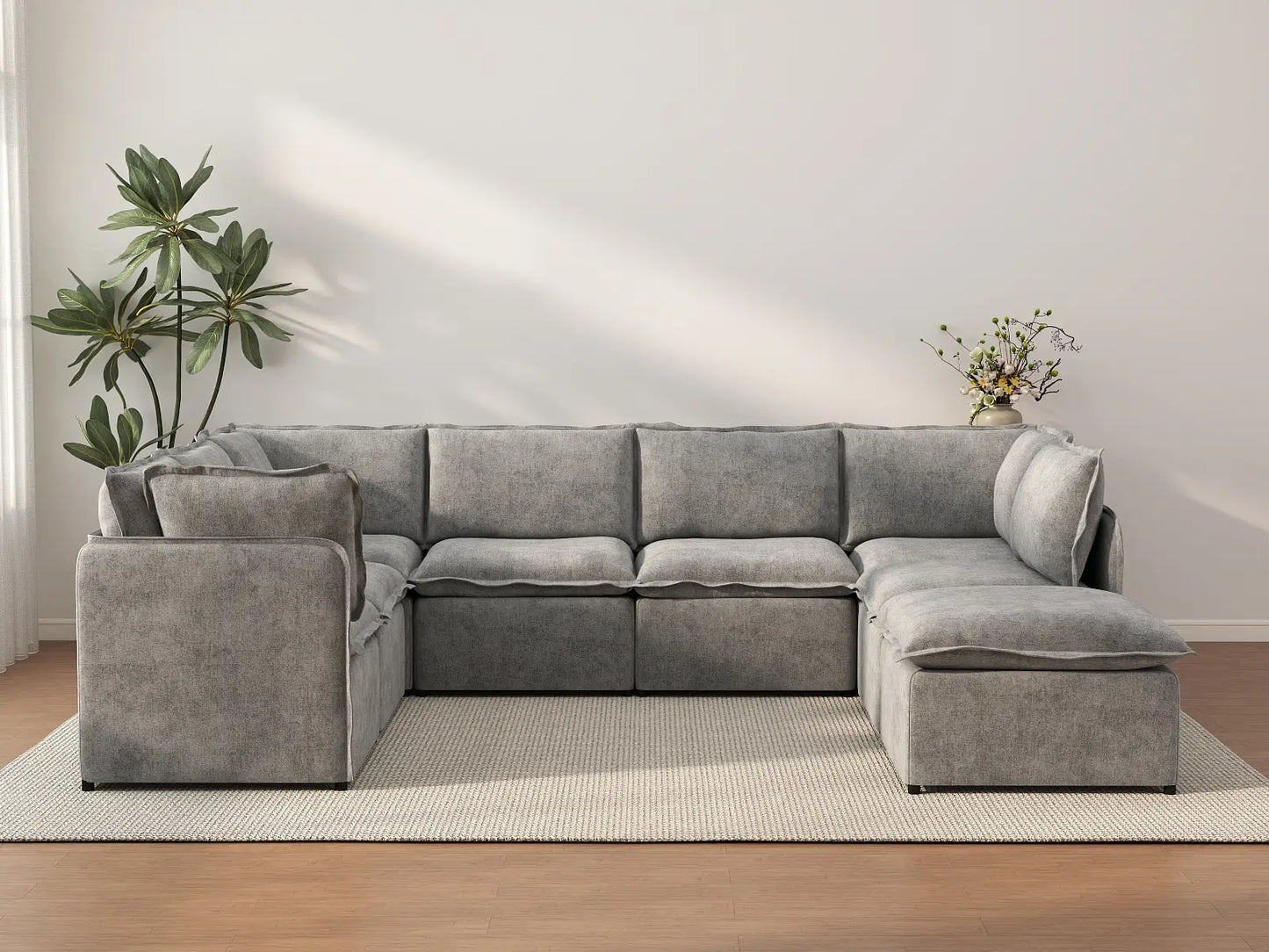 Deluxe Cloud 7-Seater Grey Open Space U-Shaped Sectional | 8-Piece (Includes 1 Ottoman), Linen Look Poly Fabric, Easy To Clean