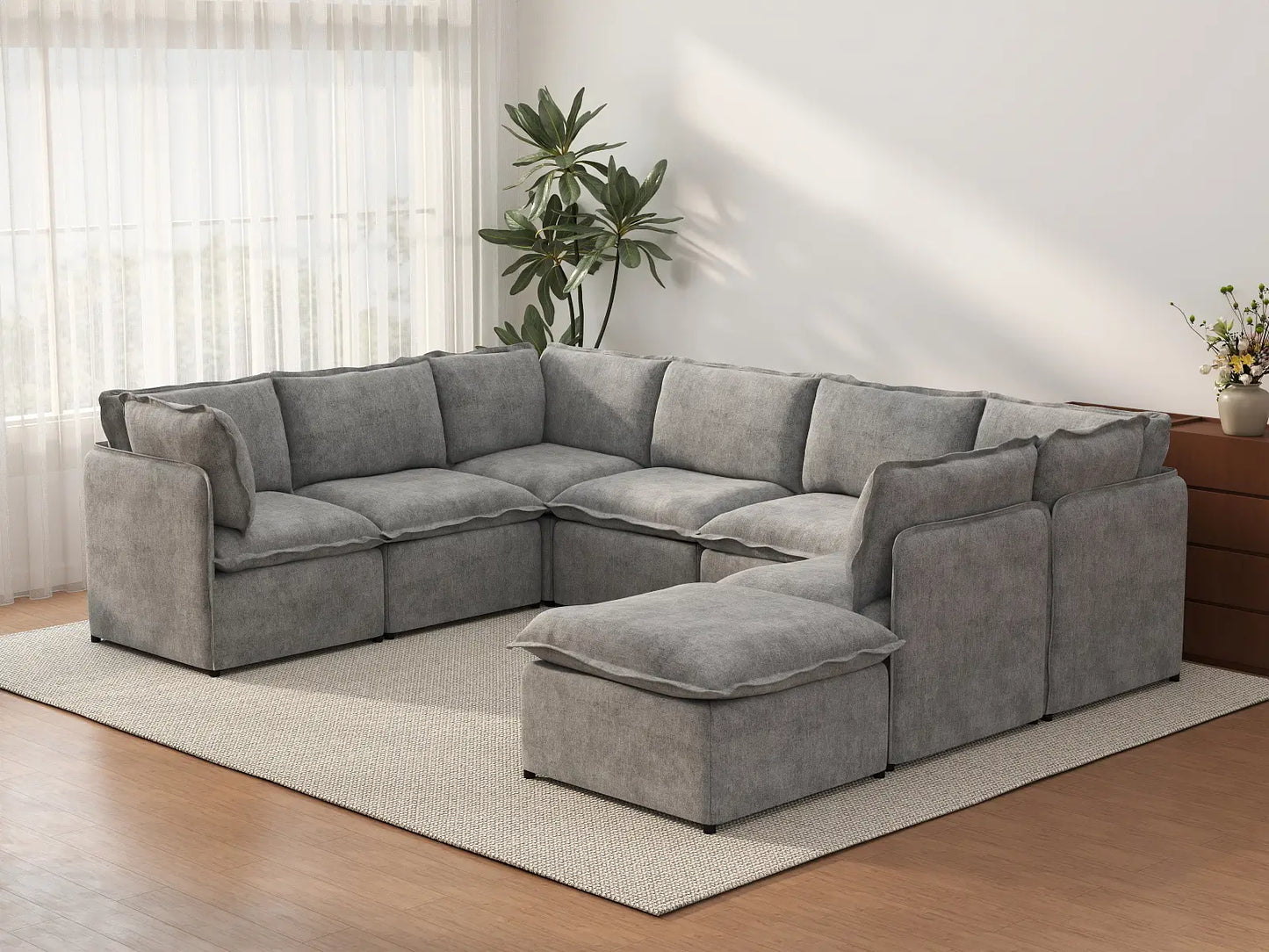 Deluxe Cloud 7-Seater Grey Open Space U-Shaped Sectional | 8-Piece (Includes 1 Ottoman), Linen Look Poly Fabric, Easy To Clean