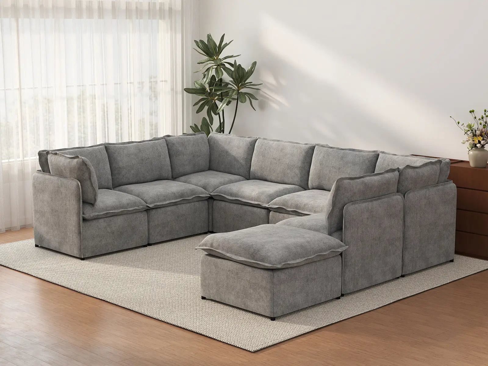Deluxe Cloud 7-Seater Grey Open Space U-Shaped Sectional | 8-Piece (Includes 1 Ottoman), Linen Look Poly Fabric, Easy To Clean