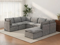 Deluxe Cloud 7-Seater Grey Open Space U-Shaped Sectional | 8-Piece (Includes 1 Ottoman), Linen Look Poly Fabric, Easy To Clean