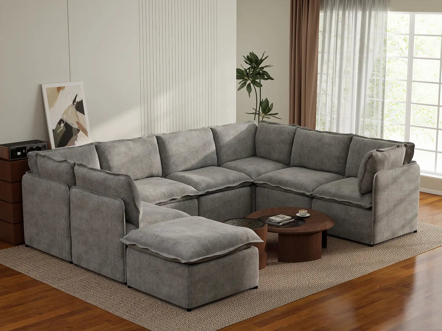 Deluxe Cloud 7-Seater Grey Open Space U-Shaped Sectional | 8-Piece (Includes 1 Ottoman), Linen Look Poly Fabric, Easy To Clean