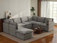 Deluxe Cloud 7-Seater Grey Open Space U-Shaped Sectional | 8-Piece (Includes 1 Ottoman), Linen Look Poly Fabric, Easy To Clean