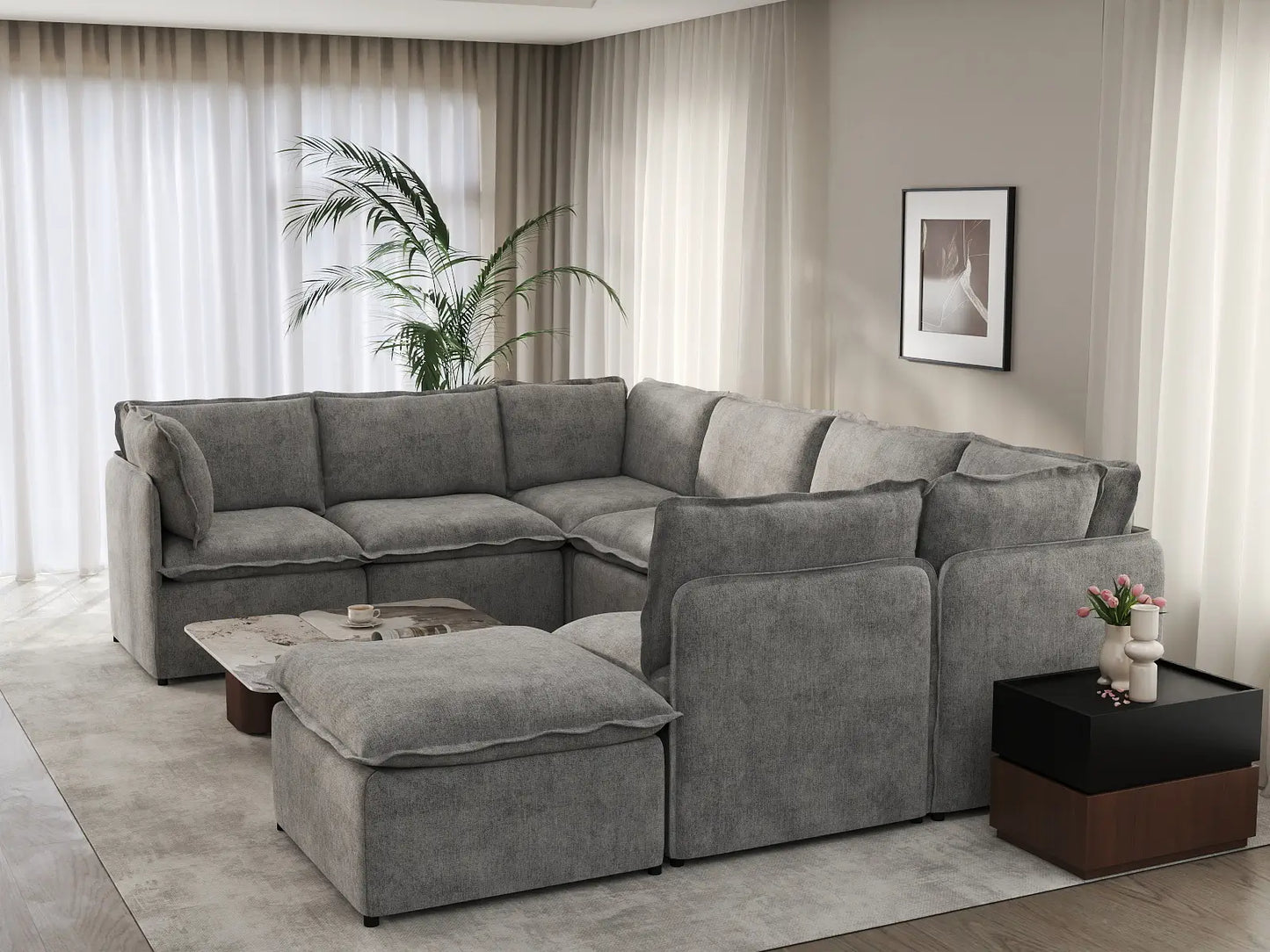Deluxe Cloud 7-Seater Grey Open Space U-Shaped Sectional | 8-Piece (Includes 1 Ottoman), Linen Look Poly Fabric, Easy To Clean