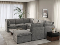 Deluxe Cloud 7-Seater Grey Open Space U-Shaped Sectional | 8-Piece (Includes 1 Ottoman), Linen Look Poly Fabric, Easy To Clean