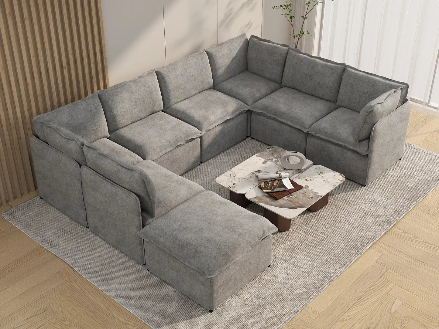 Deluxe Cloud 7-Seater Grey Open Space U-Shaped Sectional | 8-Piece (Includes 1 Ottoman), Linen Look Poly Fabric, Easy To Clean