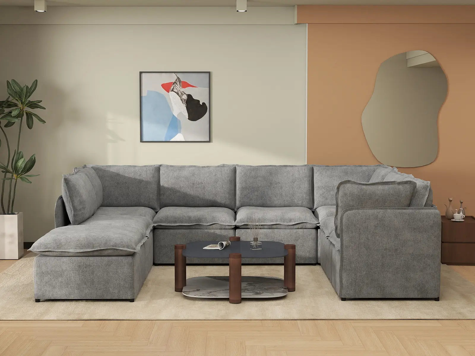 Deluxe Cloud 7-Seater Grey Open Space U-Shaped Sectional | 8-Piece (Includes 1 Ottoman), Linen Look Poly Fabric, Easy To Clean