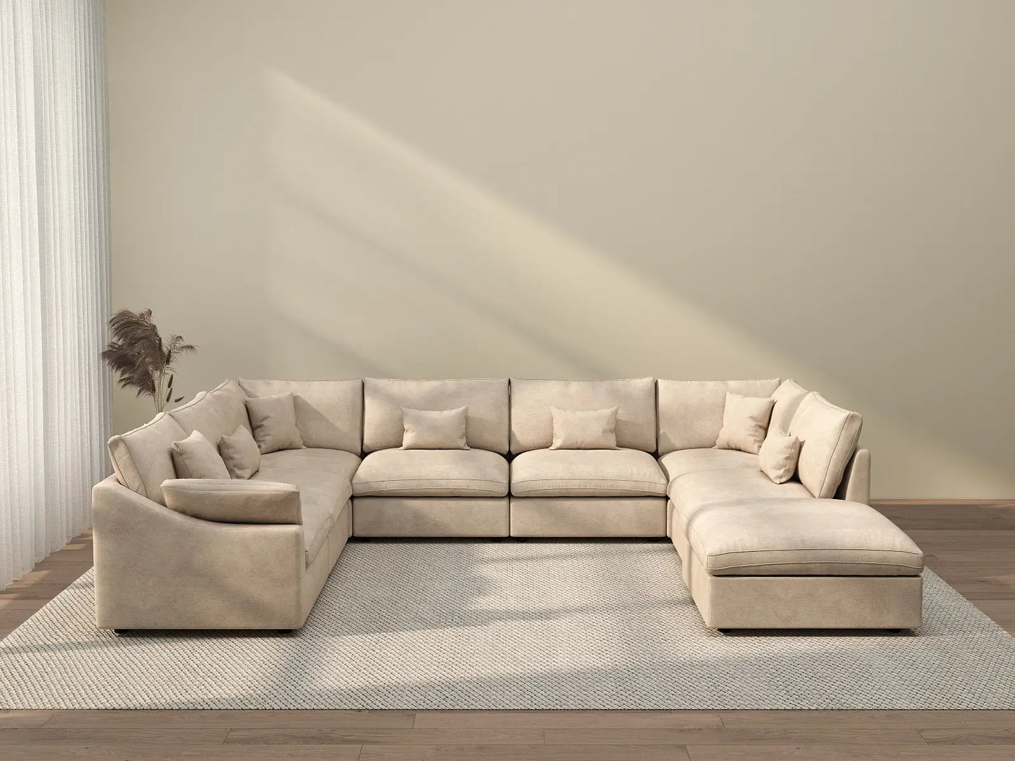 Deluxe Cloud 7-Seater Khaki Open Space Pit Sectional | 8-Piece (Includes 1 Ottoman), Chenille And Linen Fabric, Easy To Clean