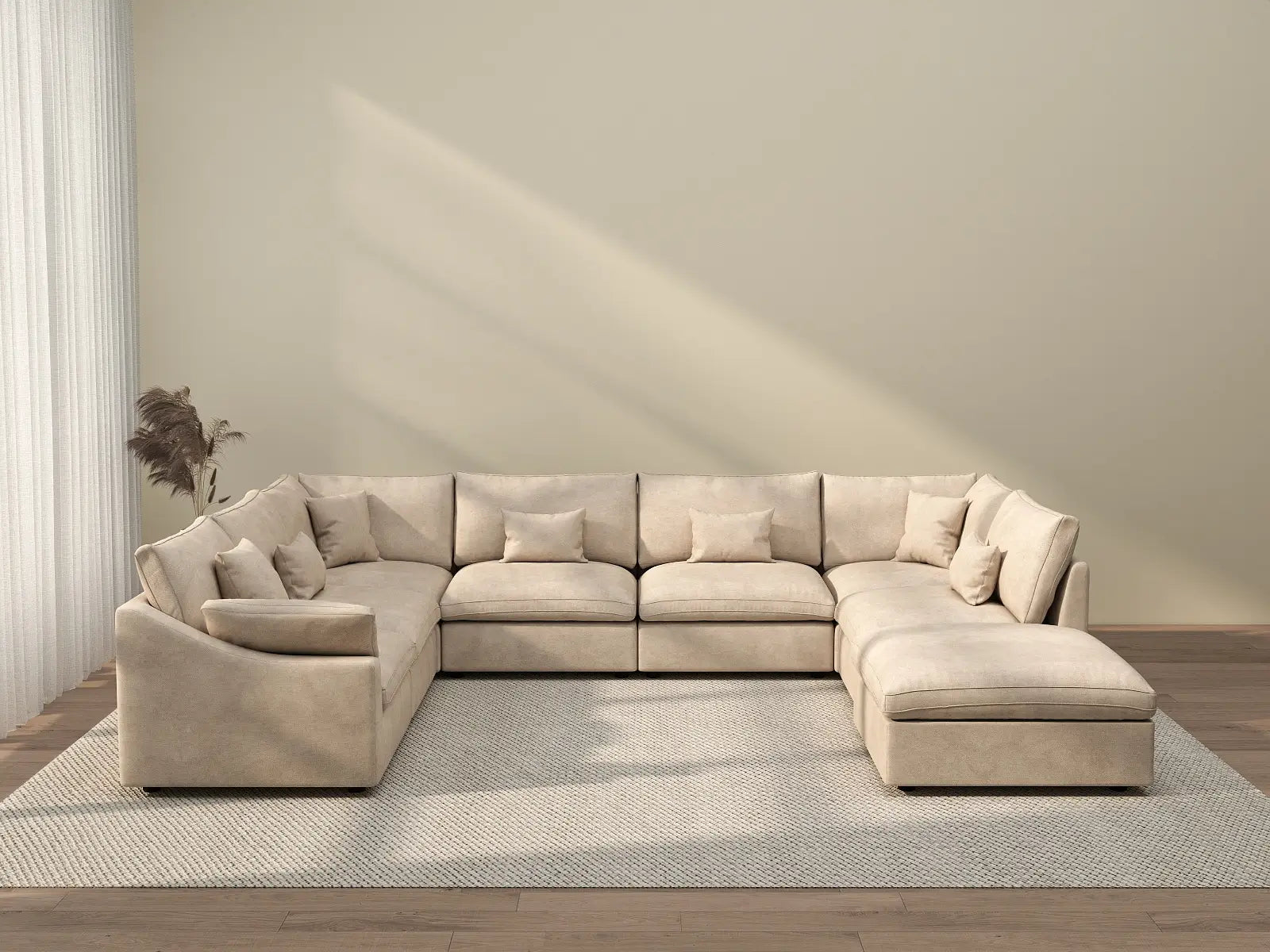 Deluxe Cloud 7-Seater Khaki Open Space Pit Sectional | 8-Piece (Includes 1 Ottoman), Chenille And Linen Fabric, Easy To Clean