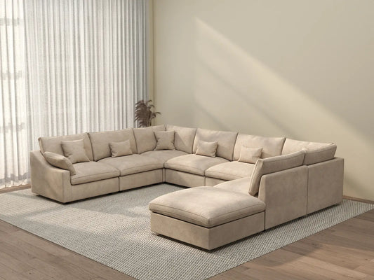 Deluxe Cloud 7-Seater Khaki Open Space Pit Sectional | 8-Piece (Includes 1 Ottoman), Chenille And Linen Fabric, Easy To Clean