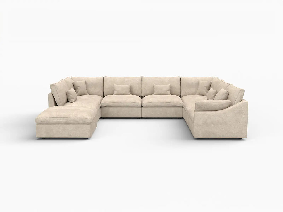 Deluxe Cloud 7-Seater Khaki Open Space Pit Sectional | 8-Piece (Includes 1 Ottoman), Chenille And Linen Fabric, Easy To Clean