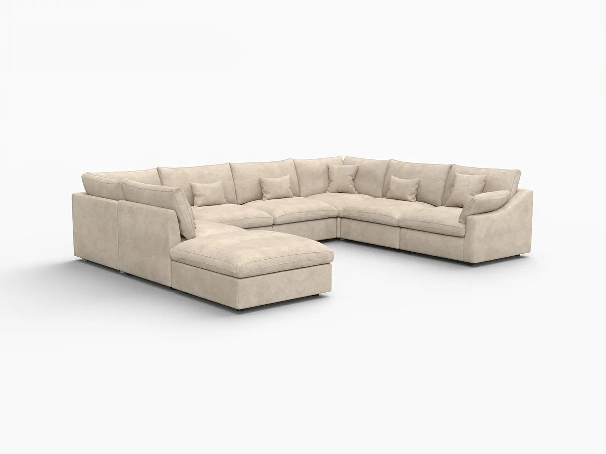 Deluxe Cloud 7-Seater Khaki Open Space Pit Sectional | 8-Piece (Includes 1 Ottoman), Chenille And Linen Fabric, Easy To Clean