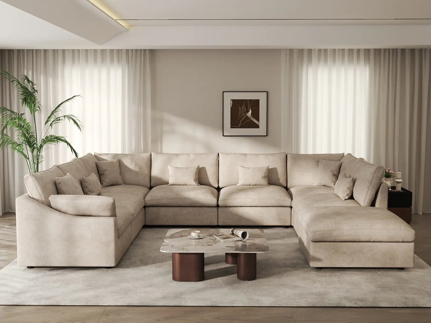 Deluxe Cloud 7-Seater Khaki Open Space Pit Sectional | 8-Piece (Includes 1 Ottoman), Chenille And Linen Fabric, Easy To Clean
