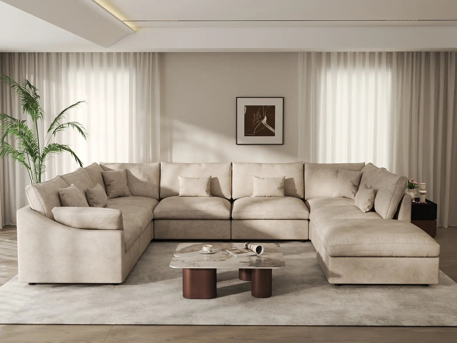 Deluxe Cloud 7-Seater Khaki Open Space Pit Sectional | 8-Piece (Includes 1 Ottoman), Chenille And Linen Fabric, Easy To Clean
