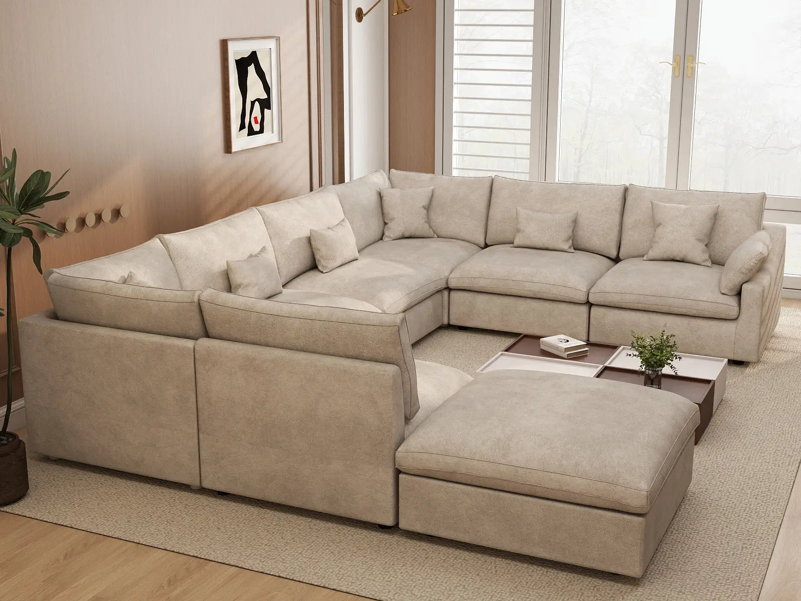 Deluxe Cloud 7-Seater Khaki Open Space Pit Sectional | 8-Piece (Includes 1 Ottoman), Chenille And Linen Fabric, Easy To Clean