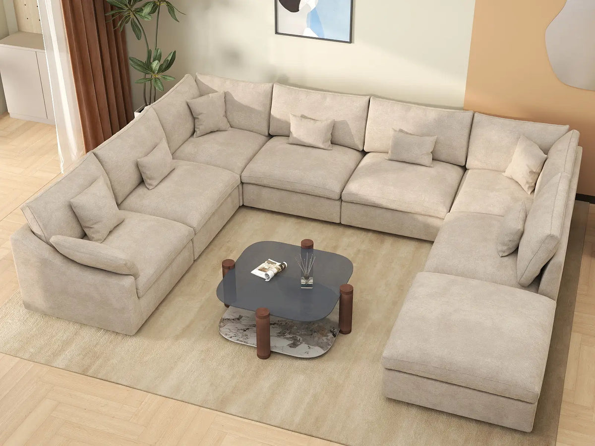 Deluxe Cloud 7-Seater Khaki Open Space Pit Sectional | 8-Piece (Includes 1 Ottoman), Chenille And Linen Fabric, Easy To Clean
