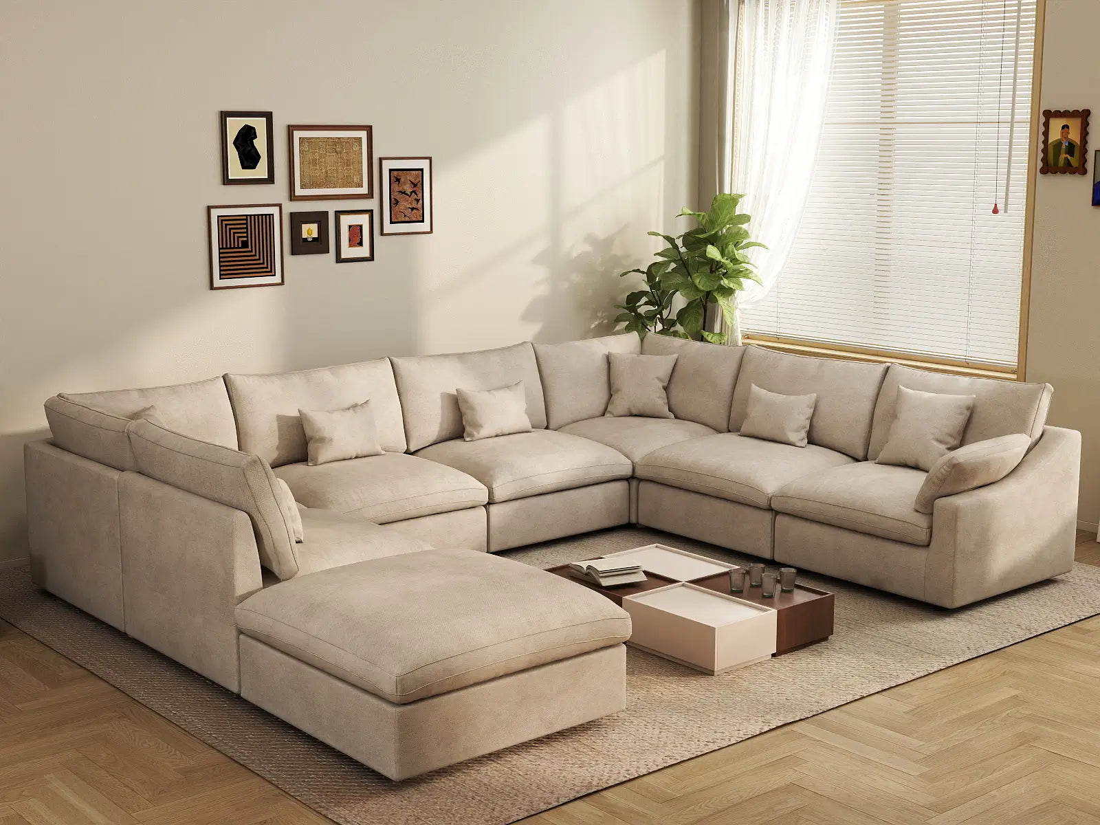 Deluxe Cloud 7-Seater Khaki Open Space Pit Sectional | 8-Piece (Includes 1 Ottoman), Chenille And Linen Fabric, Easy To Clean