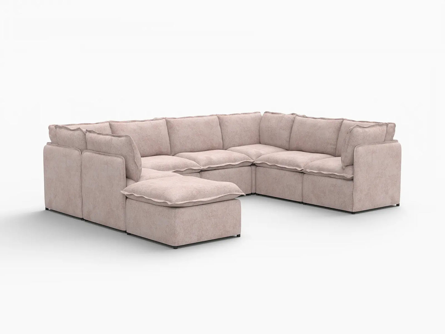 Deluxe Cloud 7-Seater Khaki U-Shaped Sectional | 8-Piece (Includes 1 Ottoman), Linen Look Poly Fabric, Washable Cushion Covers