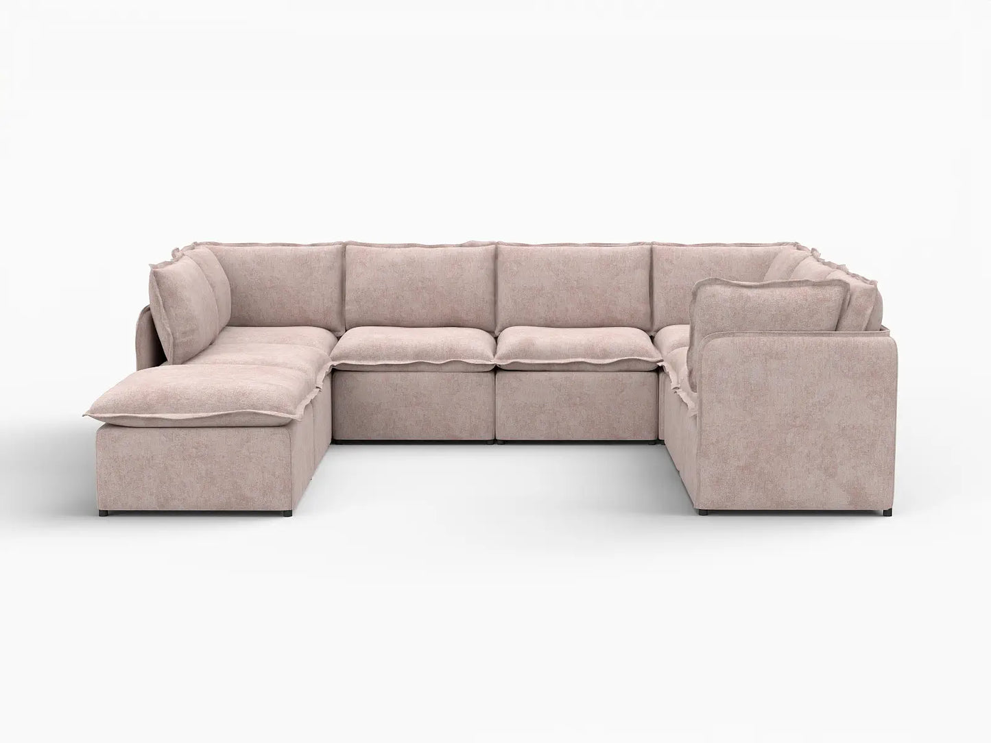 Deluxe Cloud 7-Seater Khaki U-Shaped Sectional | 8-Piece (Includes 1 Ottoman), Linen Look Poly Fabric, Washable Cushion Covers