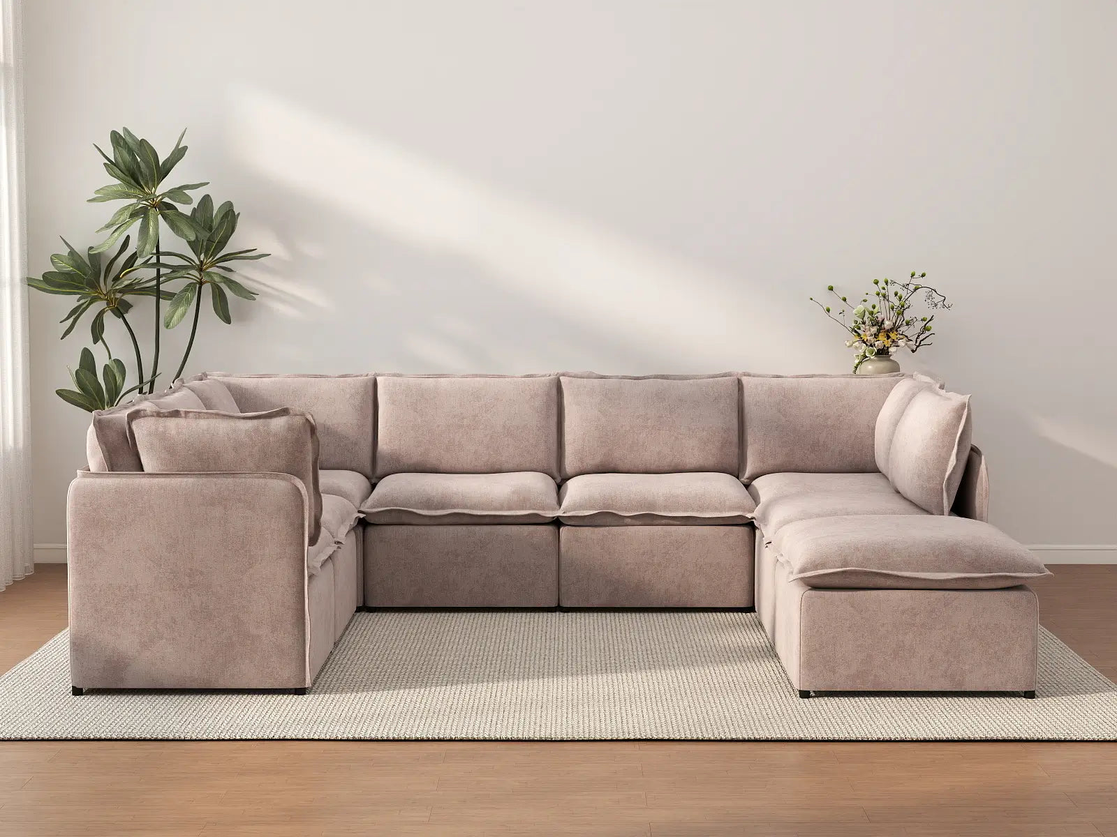 Deluxe Cloud 7-Seater Khaki U-Shaped Sectional | 8-Piece (Includes 1 Ottoman), Linen Look Poly Fabric, Washable Cushion Covers