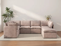 Deluxe Cloud 7-Seater Khaki U-Shaped Sectional | 8-Piece (Includes 1 Ottoman), Linen Look Poly Fabric, Washable Cushion Covers