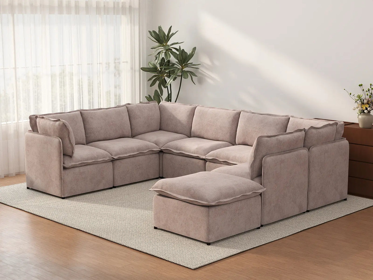 Deluxe Cloud 7-Seater Khaki U-Shaped Sectional | 8-Piece (Includes 1 Ottoman), Linen Look Poly Fabric, Washable Cushion Covers