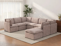 Deluxe Cloud 7-Seater Khaki U-Shaped Sectional | 8-Piece (Includes 1 Ottoman), Linen Look Poly Fabric, Washable Cushion Covers