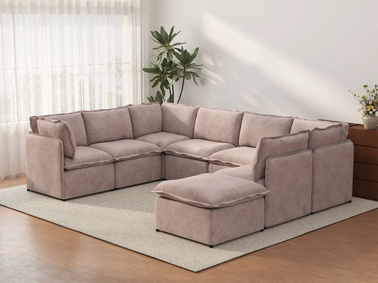 Deluxe Cloud 7-Seater Khaki U-Shaped Sectional | 8-Piece (Includes 1 Ottoman), Linen Look Poly Fabric, Washable Cushion Covers