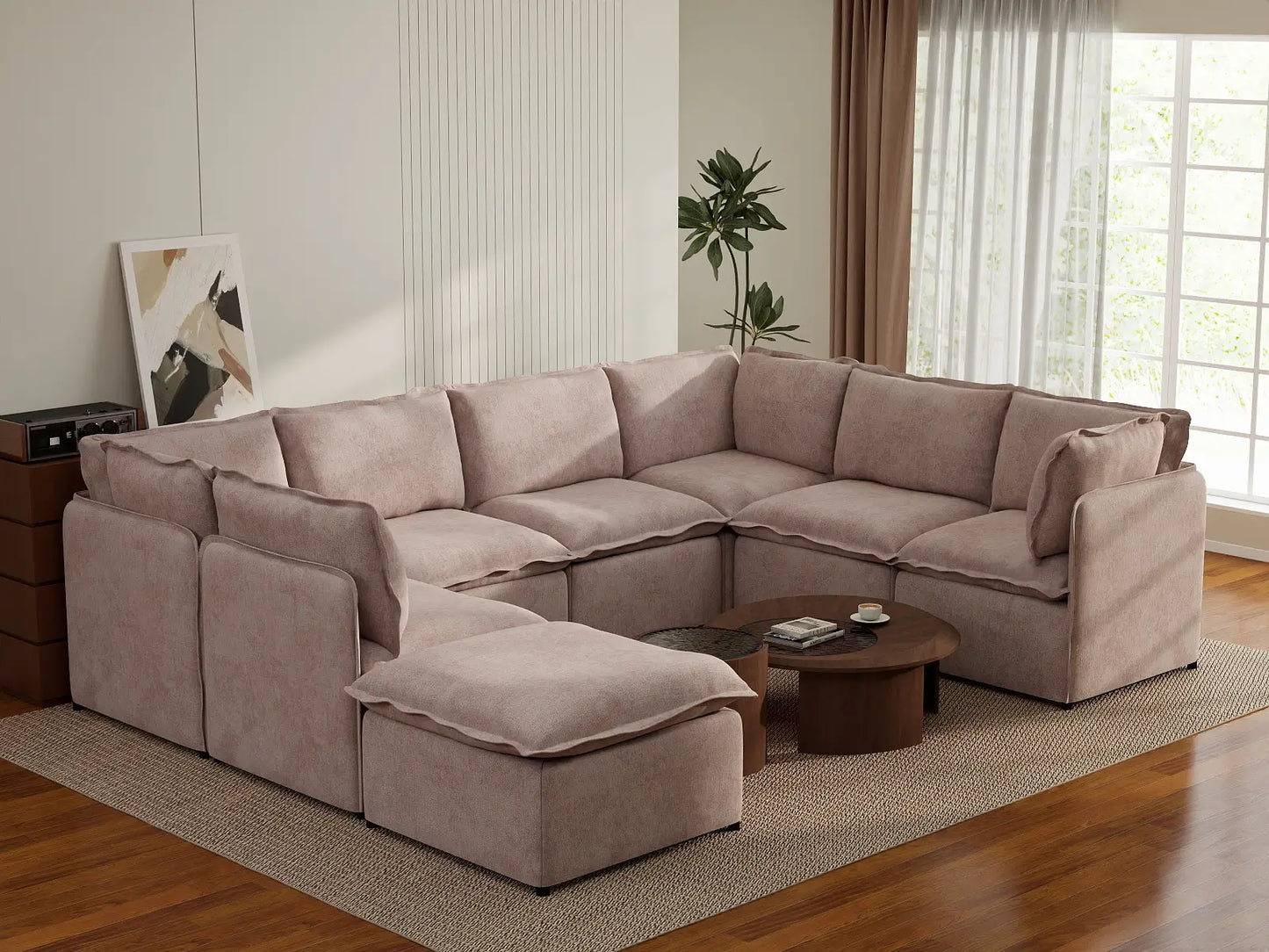 Deluxe Cloud 7-Seater Khaki U-Shaped Sectional | 8-Piece (Includes 1 Ottoman), Linen Look Poly Fabric, Washable Cushion Covers