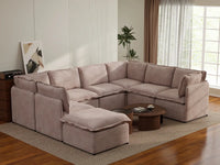 Deluxe Cloud 7-Seater Khaki U-Shaped Sectional | 8-Piece (Includes 1 Ottoman), Linen Look Poly Fabric, Washable Cushion Covers