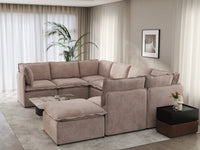 Deluxe Cloud 7-Seater Khaki U-Shaped Sectional | 8-Piece (Includes 1 Ottoman), Linen Look Poly Fabric, Washable Cushion Covers
