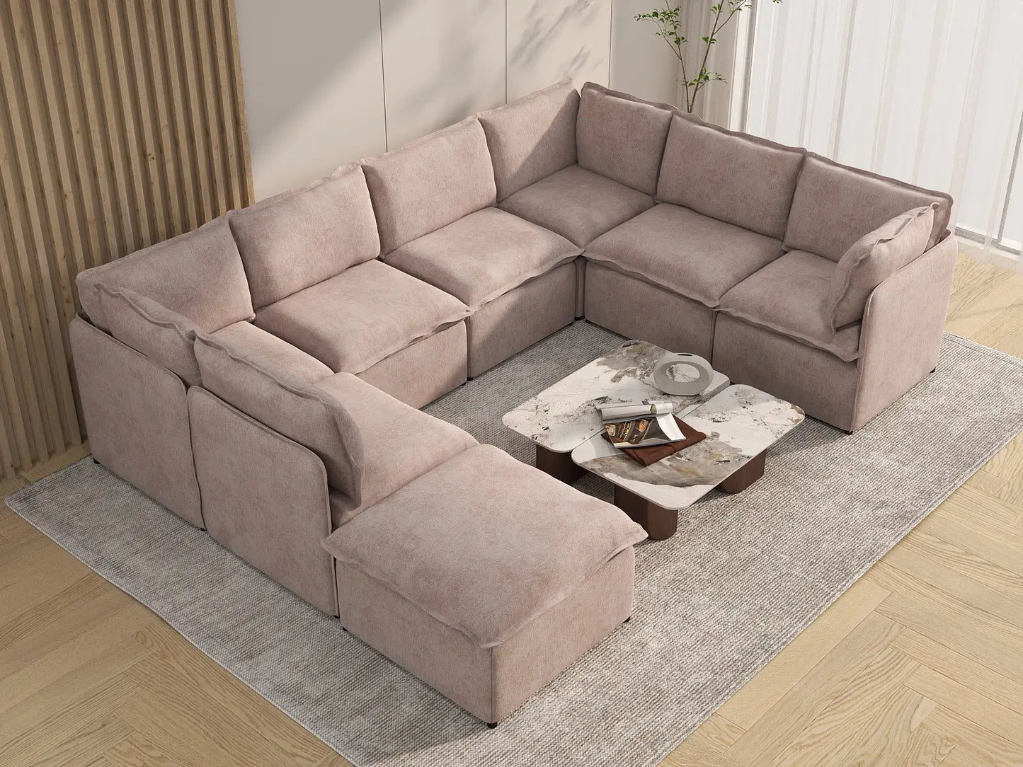 Deluxe Cloud 7-Seater Khaki U-Shaped Sectional | 8-Piece (Includes 1 Ottoman), Linen Look Poly Fabric, Washable Cushion Covers
