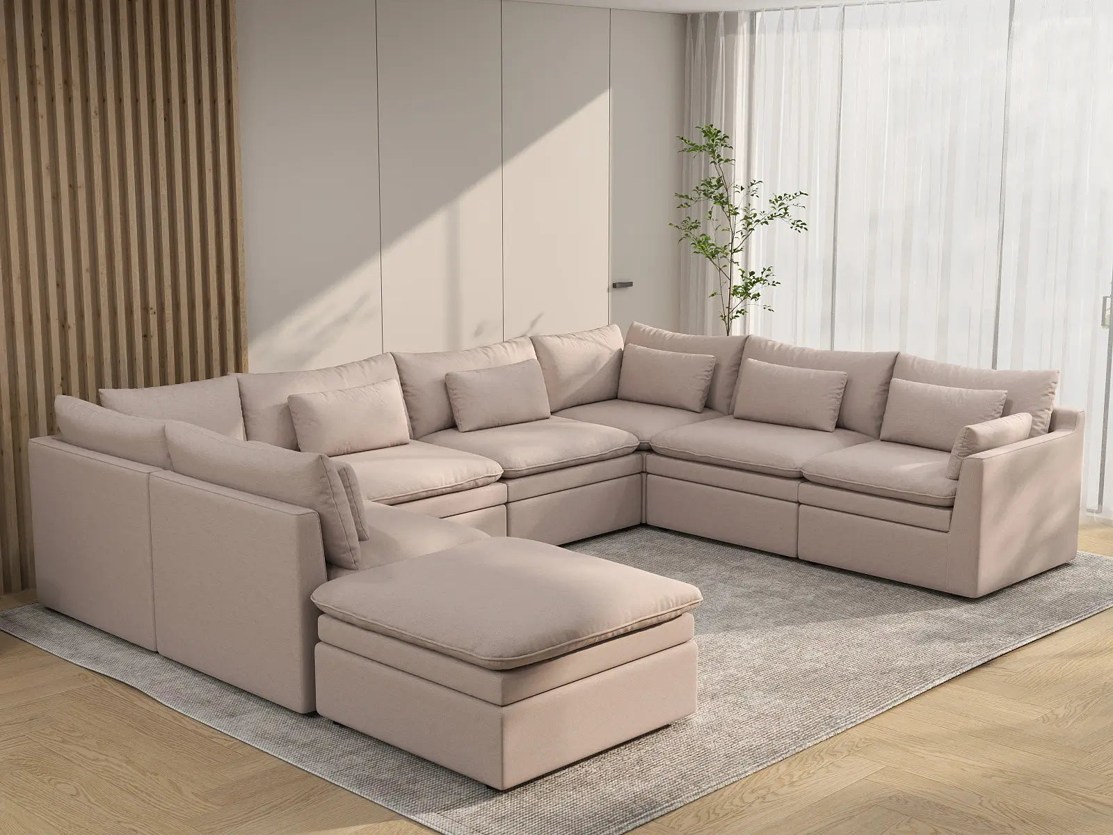 Deluxe Cloud 7-Seater Khaki U-Shaped Sectional | 8-Piece (Includes 1 Ottoman), Linen Look Poly Fabric, Washable Cushion Covers
