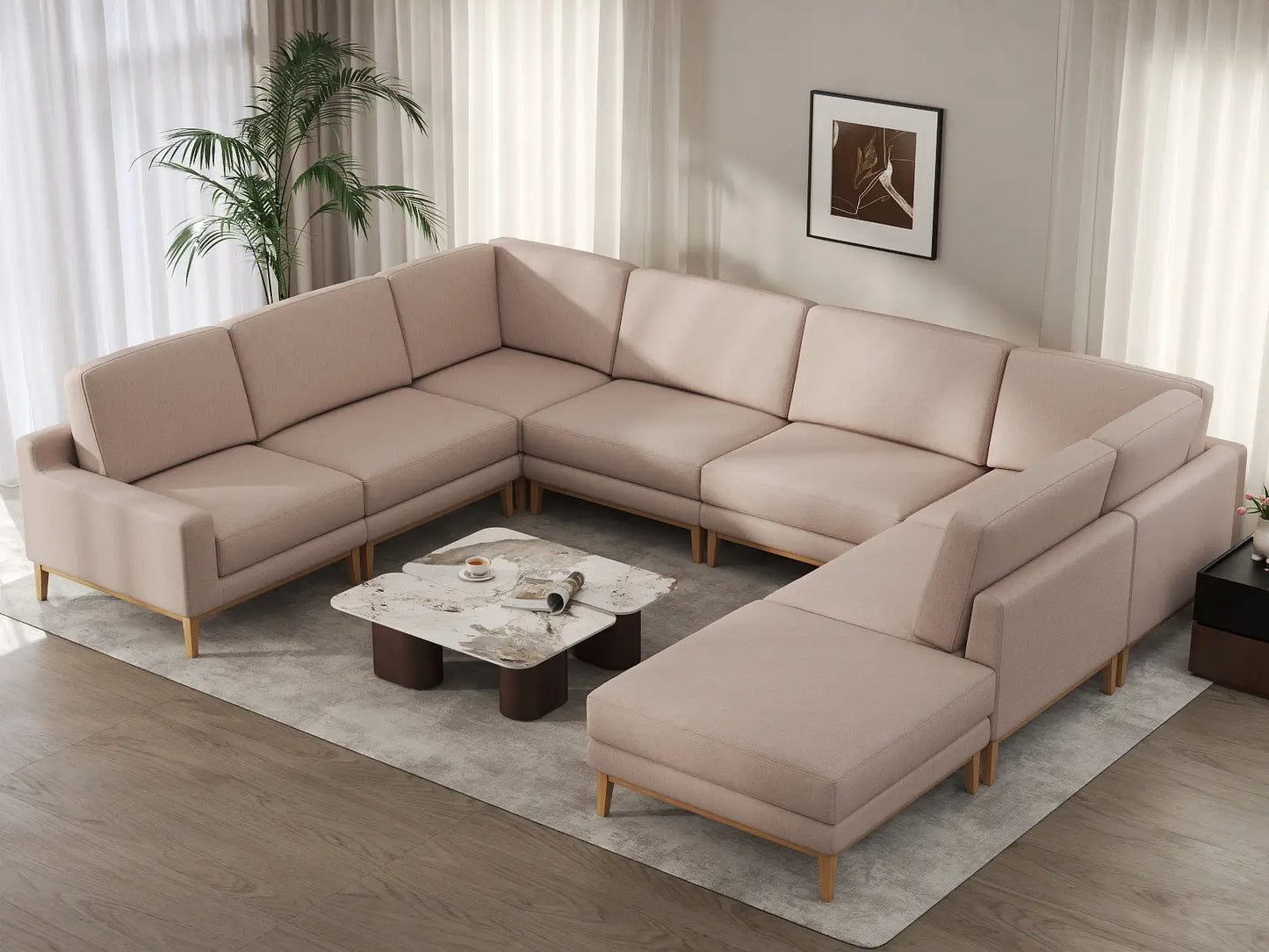 Deluxe Cloud 7-Seater Khaki U-Shaped Sectional | 8-Piece (Includes 1 Ottoman), Linen Look Poly Fabric, Washable Cushion Covers