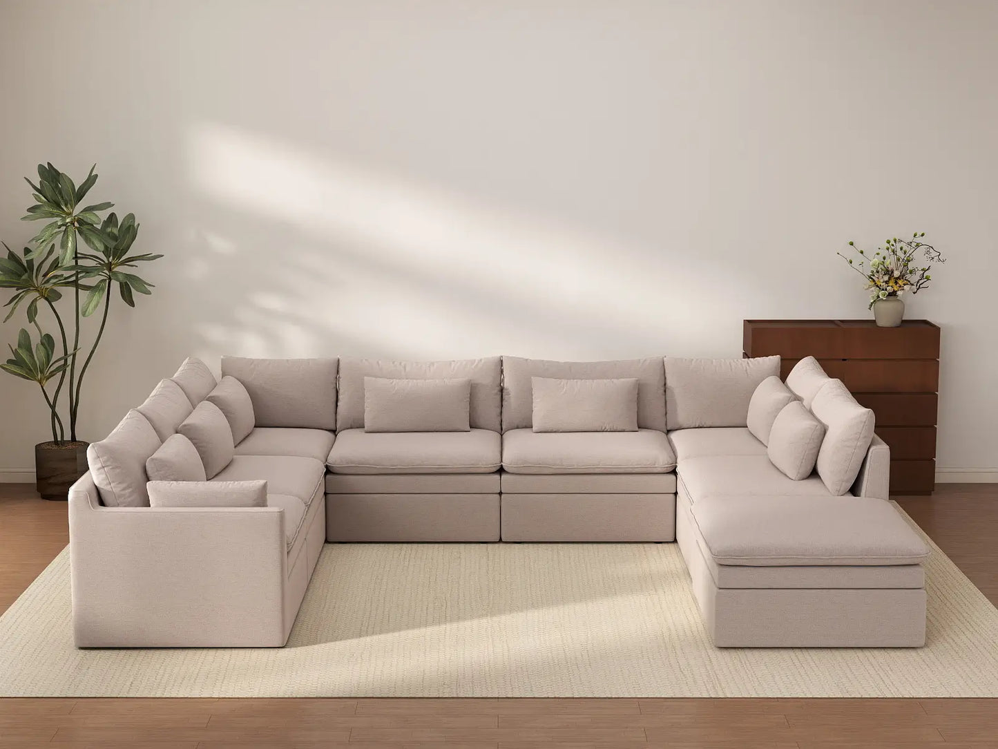 Deluxe Cloud 7-Seater Khaki U-Shaped Sectional | 8-Piece (Includes 1 Ottoman), Linen Look Poly Fabric, Washable Cushion Covers