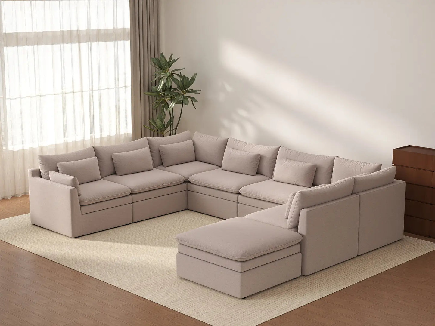 Deluxe Cloud 7-Seater Khaki U-Shaped Sectional | 8-Piece (Includes 1 Ottoman), Linen Look Poly Fabric, Washable Cushion Covers
