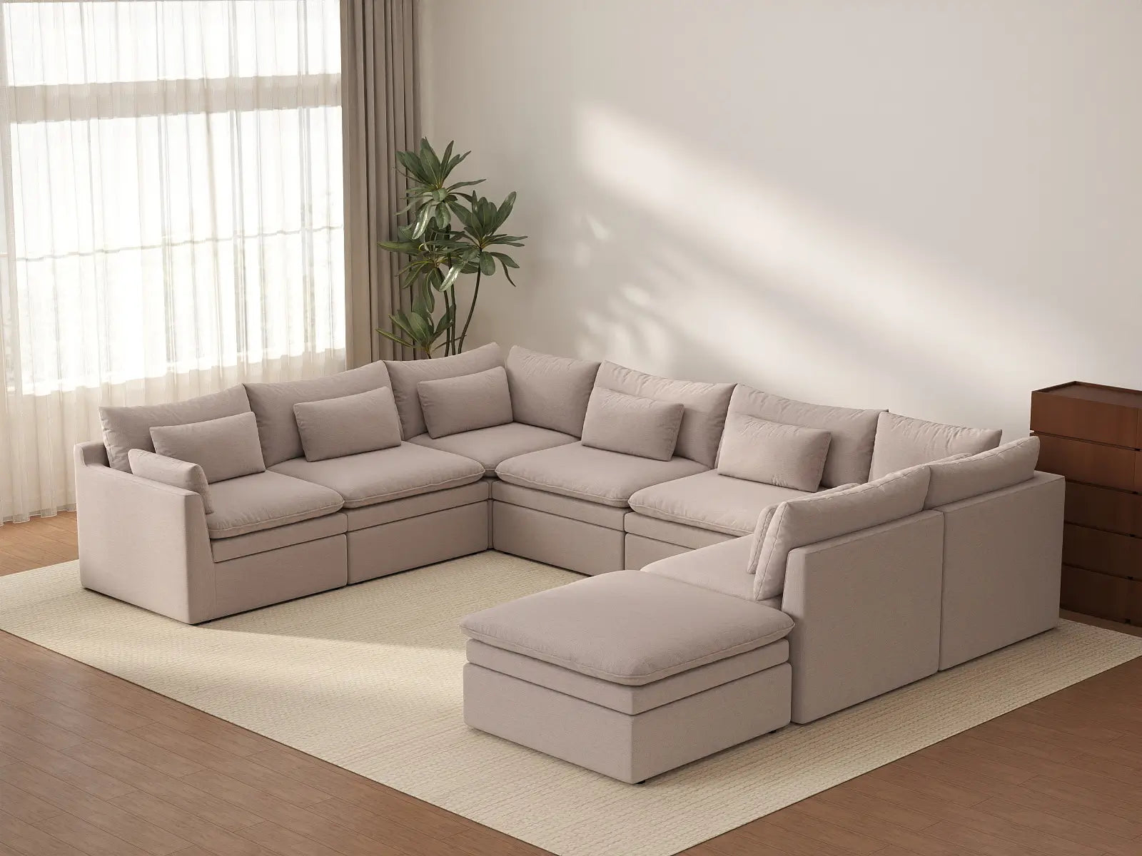 Deluxe Cloud 7-Seater Khaki U-Shaped Sectional | 8-Piece (Includes 1 Ottoman), Linen Look Poly Fabric, Washable Cushion Covers