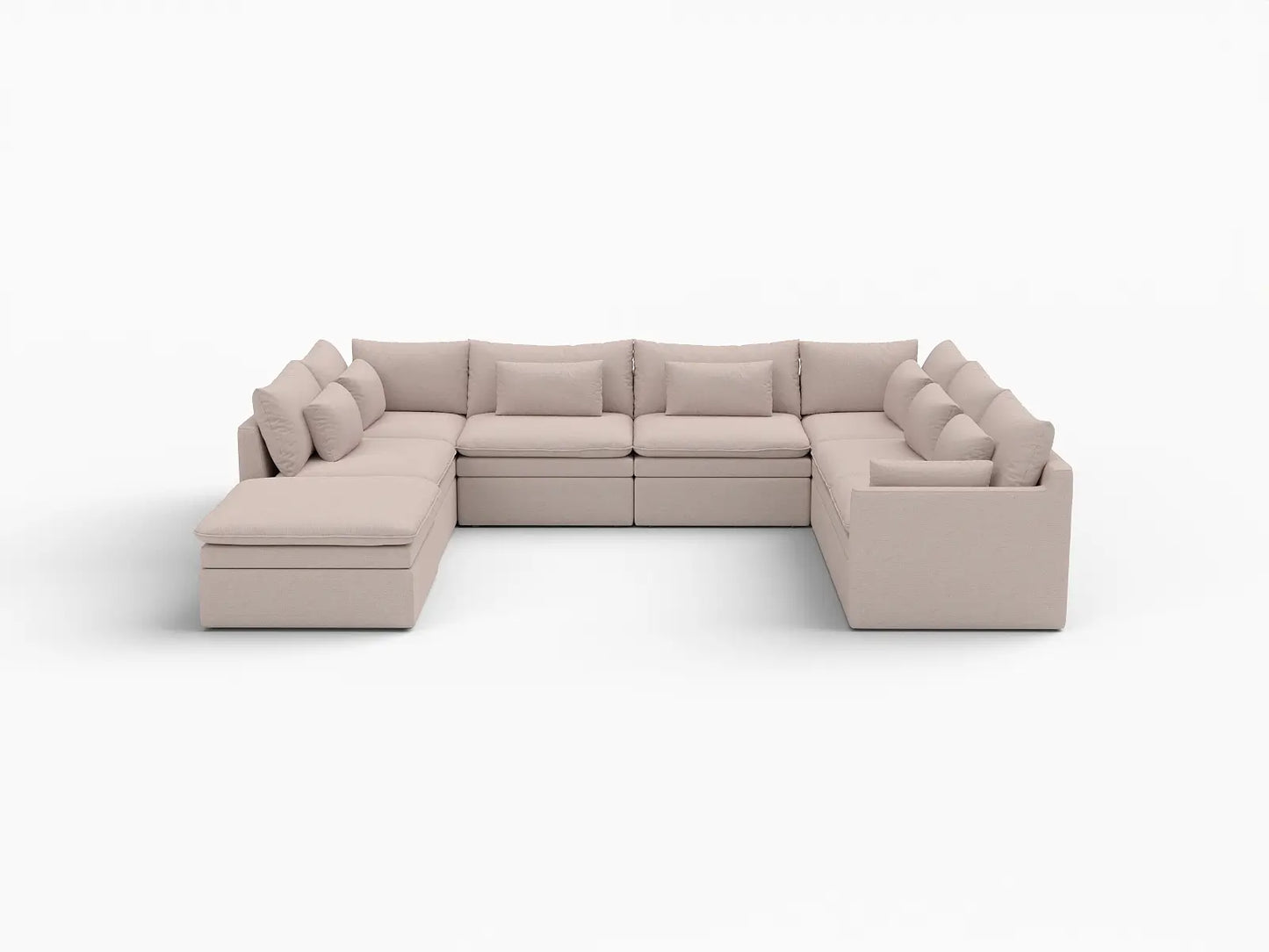 Deluxe Cloud 7-Seater Khaki U-Shaped Sectional | 8-Piece (Includes 1 Ottoman), Linen Look Poly Fabric, Washable Cushion Covers