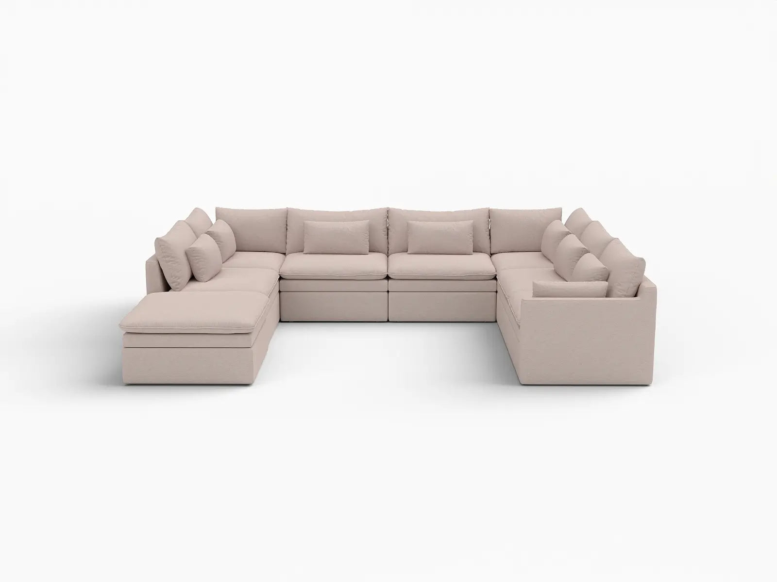 Deluxe Cloud 7-Seater Khaki U-Shaped Sectional | 8-Piece (Includes 1 Ottoman), Linen Look Poly Fabric, Washable Cushion Covers