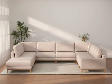 Deluxe Cloud 7-Seater Khaki U-Shaped Sectional | 8-Piece (Includes 1 Ottoman), Linen Look Poly Fabric, Washable Cushion Covers