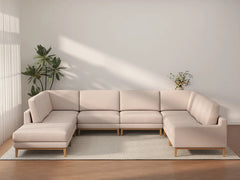 Deluxe Cloud 7-Seater Khaki U-Shaped Sectional | 8-Piece (Includes 1 Ottoman), Linen Look Poly Fabric, Washable Cushion Covers